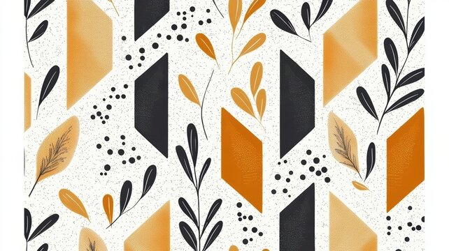 Abstract geometric pattern with golden rectangles and black leaves art design background