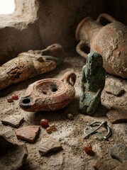 Obraz premium Ancient egyptian tomb artifacts: pottery, amulets, jewelry, and hieroglyphic fragments
