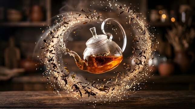 Transparent glass teapot levitating in midair while swirling hot tea leaves create a magical vortex of liquid and steam motion