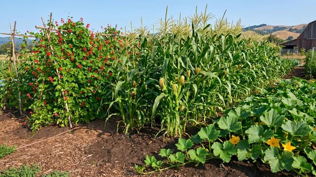 Organic backyard vegetable garden with ripe corn and climbing bean vines in summer