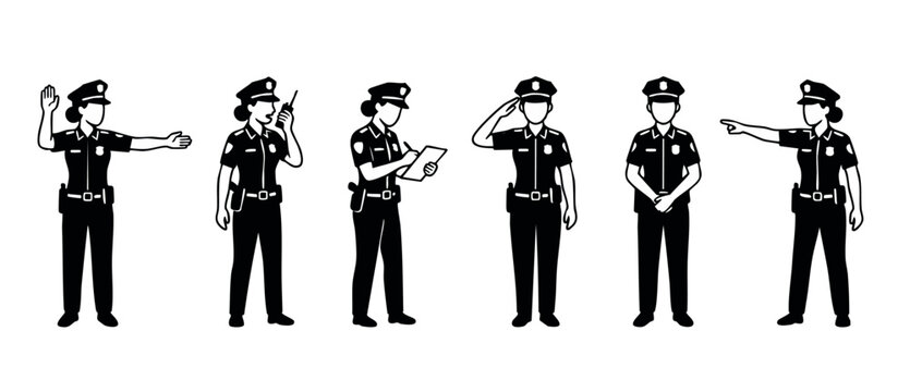 Police officer woman silhouette icon set, female cop in various poses and actions, vector illustration of uniform enforcement personnel characters, isolated black and white collection for design proje