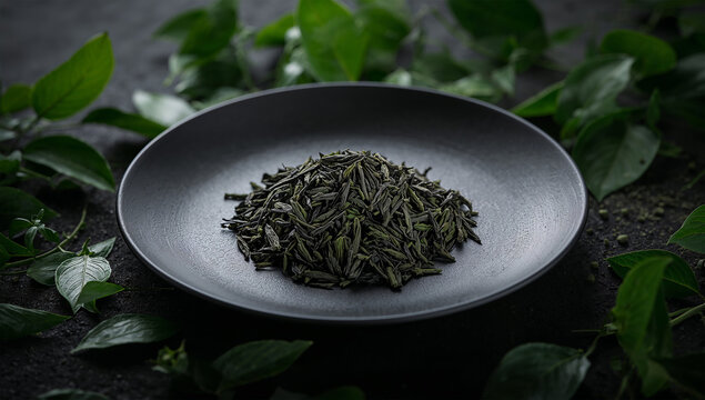 黒い器に盛った上質な茶葉を艶やかな新葉で囲む高級写真