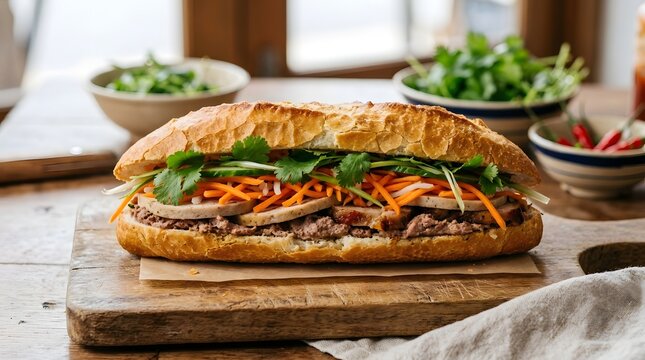 Delicious vietnamese banh mi sandwich featuring crusty bread filled with savory meat pickled carrots fresh cucumbers and aromatic green cilantro herbs