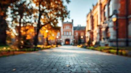 Fototapeta premium Blurred university campus background with modern student life atmosphere.
