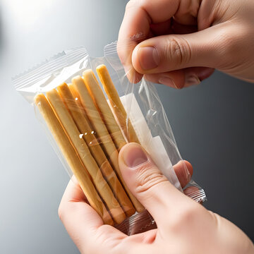 Close-up of hands opening a clear plastic bag filled with several long, thin, golden-brown biscuit sticks, hinting at a sweet snack