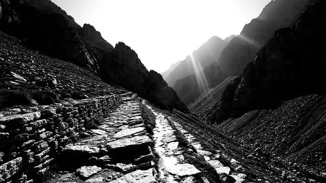 Black and white view of a rocky path winding up a mountain valley towards a bright sunbeam in the distance.