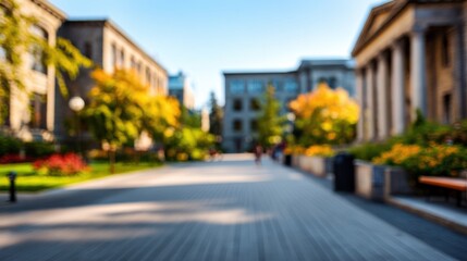 Fototapeta premium Blurred university courtyard with peaceful academic campus atmosphere.