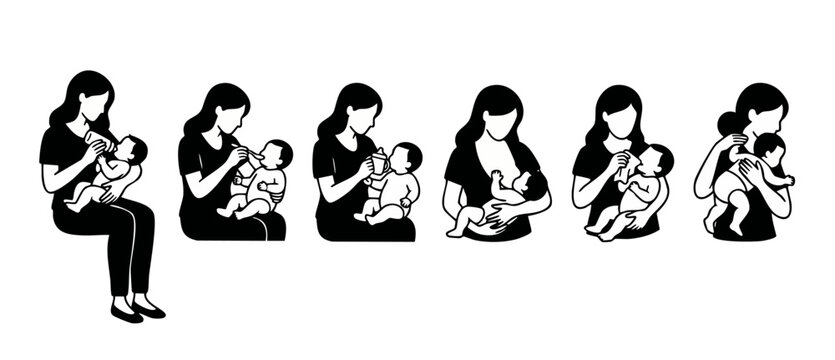 Mother Feeding Baby Icons Set, Nursing and Parenting Methods Illustration, Silhouette Collection of Infant Care Activities, Bottle Feeding, Breastfeeding, Spoon Feeding and Burping Positions for Paren