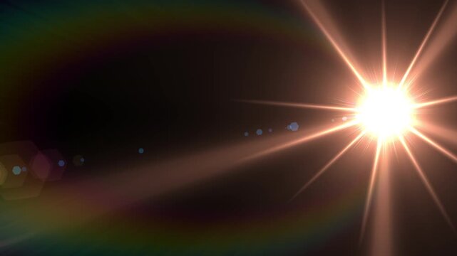 lens flare background. Realistic flashes of golden sunlight with rays wrapped in a constantly moving rainbow. Ideal for layering sunny day images or hopeful light transitions.