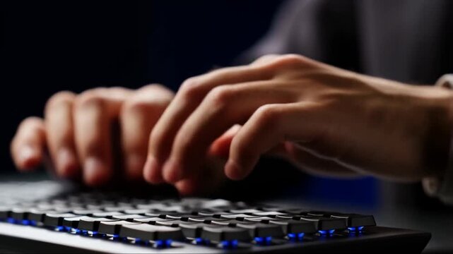 Programmer hands typing fast on a mechanical keyboard with rgb lighting as the camera arcs around the fingers showing productivity generative AI