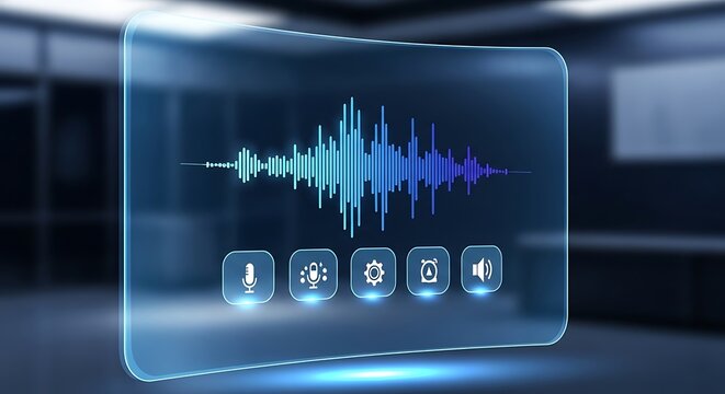 Futuristic Voice Command Interface with Audio Waveform in Blue Transparent Panel