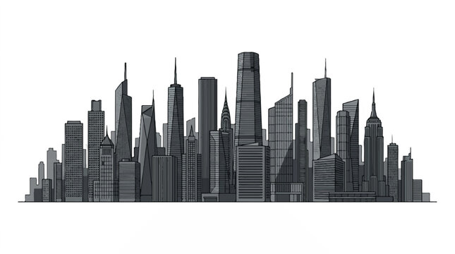 Monochrome City Skyline Silhouette of Modern Skyscrapers and Towers.