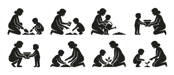 Mother and child gardening silhouettes, planting and watering together icons set. Family outdoor hobby, spring nature activity, teaching growth, caring for plants, farming education concept on white b © Dinali