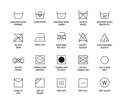 Set of laundry care symbols and icons for clothing labels. Black minimalist vector illustrations including washing, drying, ironing, and bleaching instructions with English text.