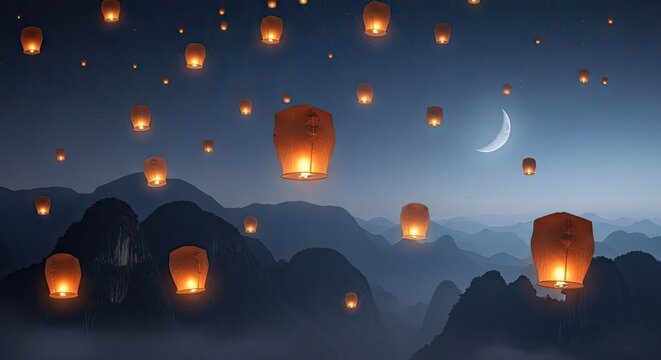 Floating lanterns illuminate night sky above mountain peaks with crescent moon