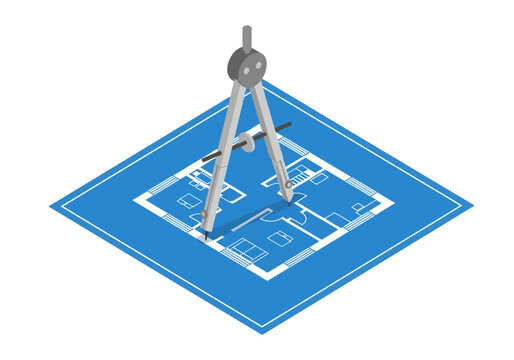 A precision metallic drafting compass stands upright on a blue and white architectural floor plan, symbolizing the careful planning, exact measurement, and structural design required for construction