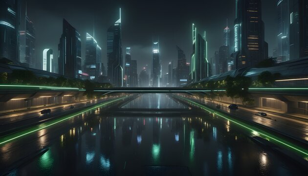 「夜の近未来的なスマートシティ、自動運転車と豊かな緑が融合する都市、雨の反射、超リアル」
