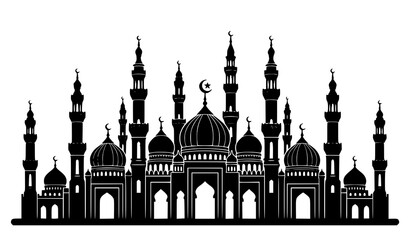 Mosque skyline silhouette vector with domes and minarets isolated on white background © MdShohagAhammad