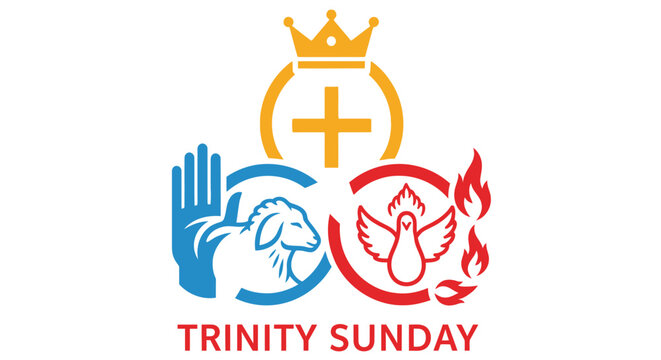 trinity sunday religious symbols with crown cross dove flame and hand
