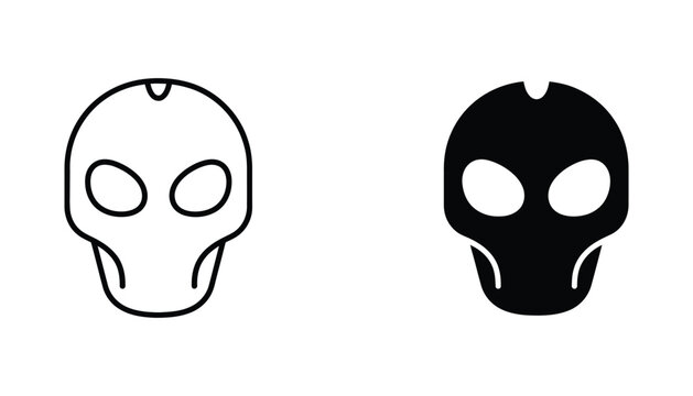 Minimalist skull head icon set featuring clean line art and solid black silhouette variations for modern graphic design projects and digital interface elements