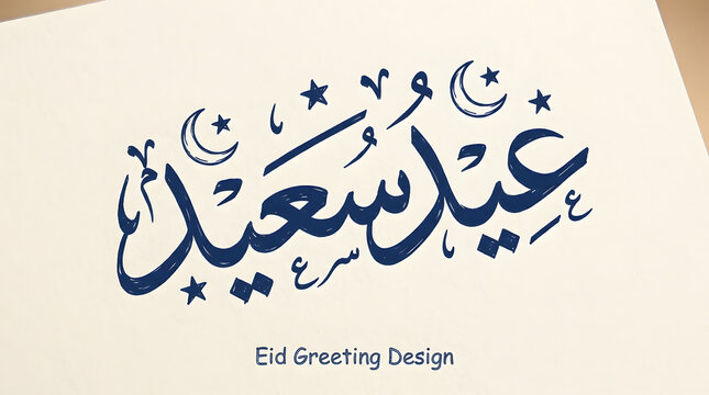 Stylized "Eid Saeed" Arabic calligraphy with festive elements, isolated on transparent background.