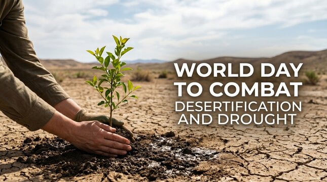 Woman planting a small green tree in dry cracked soil. Concept of world day to combat desertification and drought. Restoration of nature and environmental protection for future generation.