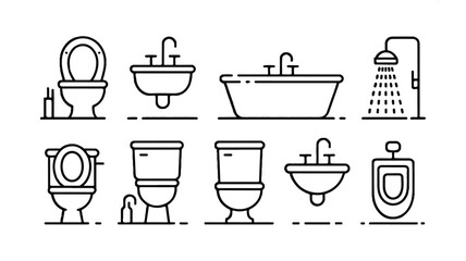 Obraz premium black and white line icons of various bathroom fixtures and toilets
