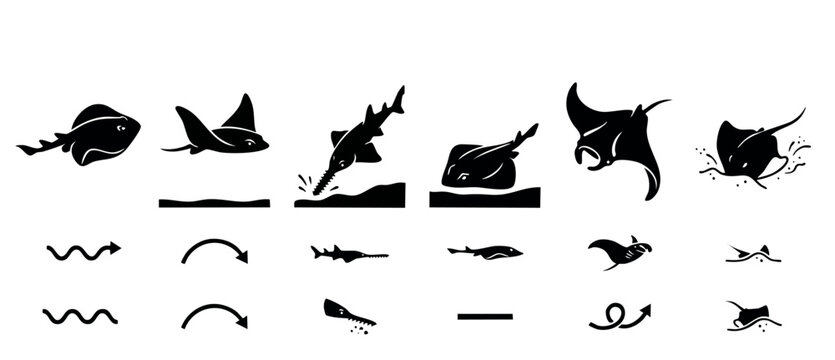 Stingray and Sawfish Icon Set, Marine Animal Silhouette Collection for Web Design, Black Vector Graphics of Rays Swimming and Jumping with Motion Arrows for Ocean Wildlife Educational Infographics