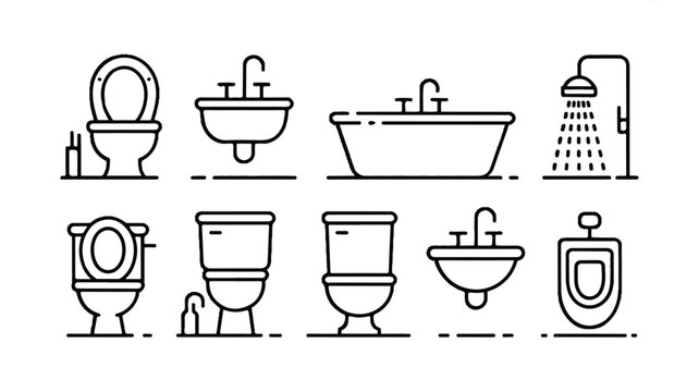 black and white line icons of various bathroom fixtures and toilets