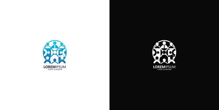Modern abstract circular human figures connection logo concept on white and black backgrounds