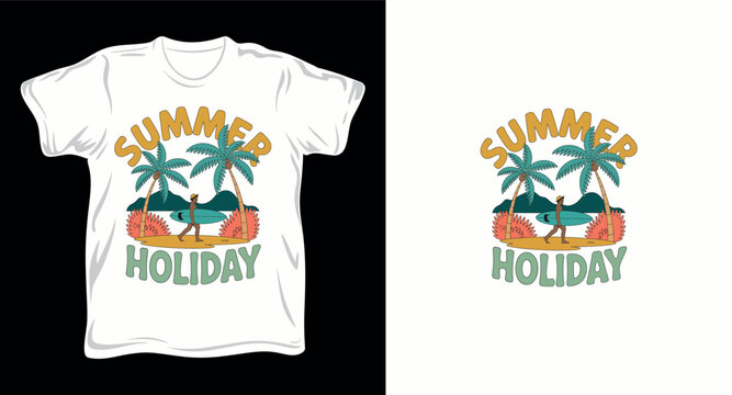 Summer holiday t-shirt design with surfer walking on tropical island beach.