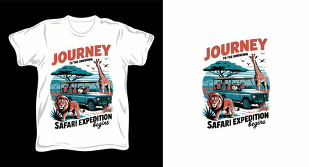 Fototapeta premium Safari expedition travel graphic t-shirt design featuring offroad vehicle and wild animals.