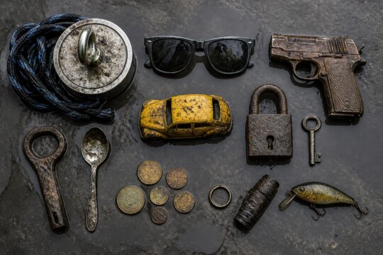 Vintage still life of rusty antique objects on dark background for website hero and editorial design
