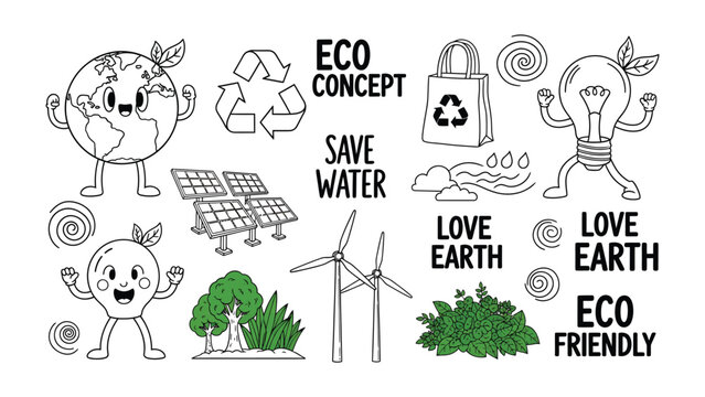 Eco-friendly Doodle Elements: A collection of charming, hand-drawn illustrations that promote environmental consciousness. Featuring recycling symbols, sustainable energy sources.