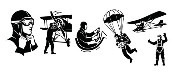 Aviation Pilot Set Icons, Retro Airplane Flight Symbols and Parachutist Characters, Collection of Flying Activity Vector Illustrations for Design Projects, Black and White Minimalist Style Graphics © Dinali