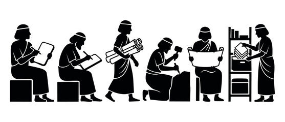 Obraz premium Ancient Egyptian Scribes and Craftsmen Silhouette Icons Set, Traditional Papyrus Writing and Stone Carving Process, Historical Civilization Workers Vector Illustration for Educational History Projects
