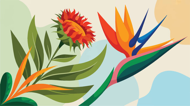 Colorful illustration of tropical flowers and leaves on abstract background