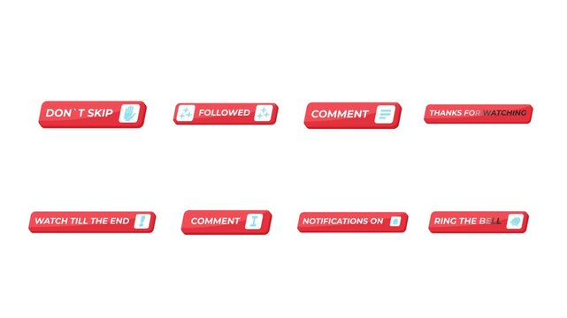 Engagement CTA isometric UI buttons animation pack. Comment and follow notifications. Thanks for watching. Click interaction motion. Modern social media interface elements animated tap collection