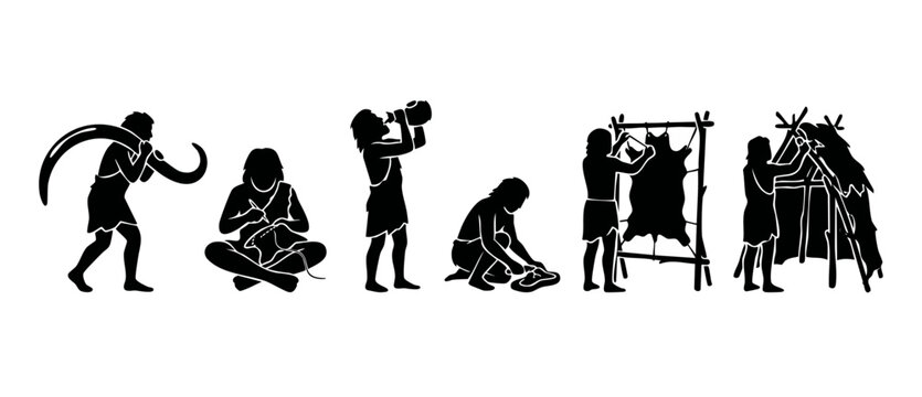 Prehistoric cavemen daily life silhouettes, ancient people hunting, sewing, building shelter and cooking activities isolated on white background, historical collection of primitive stone age human ico