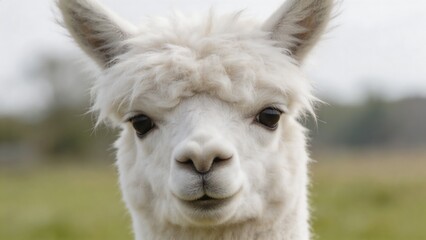 Obraz premium A white alpaca stands serenely in a lush green field, showcasing its soft and fluffy fur, with a blurred background that highlights its charming expression and adorable face.