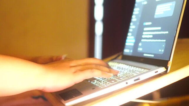 A hand turning on a glowing laptop keyboard backlight in a dark environment.