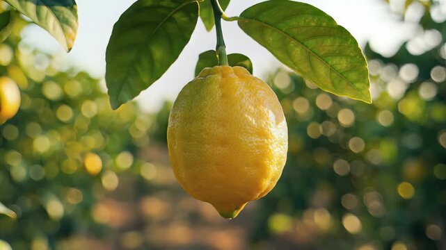 Closeup of a ripe yellow lemon hanging from a branch with green leaves.