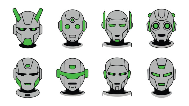 Eight gray robot heads with green accents and various designs on white background