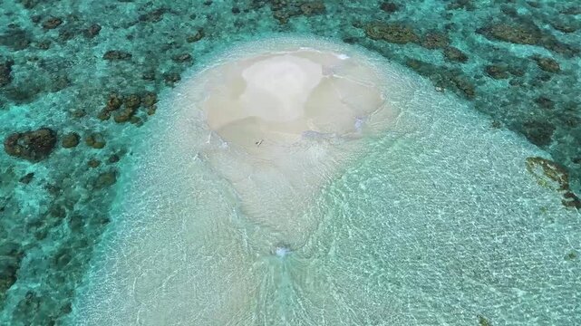 Aerial view of a pristine white sandbank surrounded by turquoise coral reef waters and gentle waves in Thoddoo, Alif Alif Atoll, Maldives.