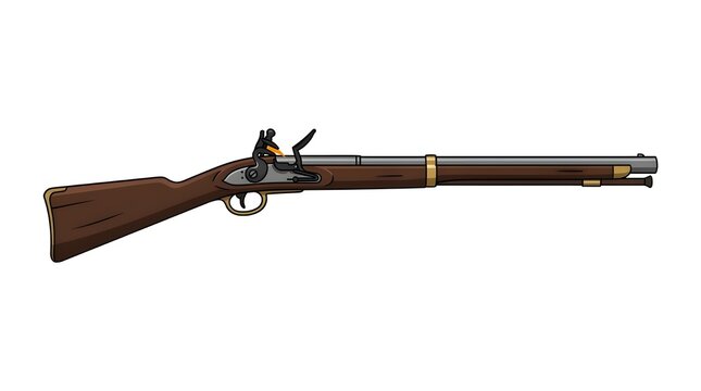 A long-barreled antique flintlock rifle illustration, showing the elegant design of traditional muzzleloader firearms used in past centuries.