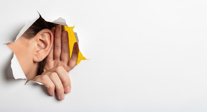 Man Listening Through a Hole in White Paper Background