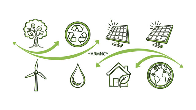 Eco-Friendly Symphony: An interconnected graphic illustrates the essence of sustainability, harmonizing nature, renewable energy, and environmental responsibility