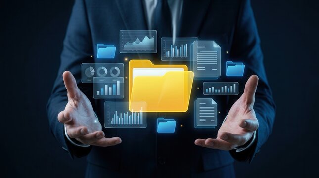 An automated repository and document management system DMS displayed through glowing digital folder icons.