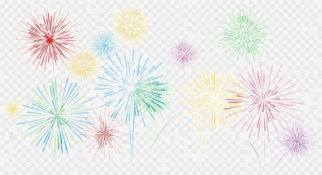 Colorful firework bursts in red, yellow, blue, green, and purple isolated on a transparent background, for festive celebrations