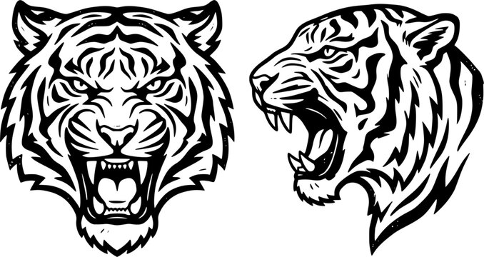 Tiger head face portrait set. Profile angry roaring animal. Front and side view. Wild striped savage predator mammal. Black and white simple linocut tatoo silhouette style. Isolated vector on white

